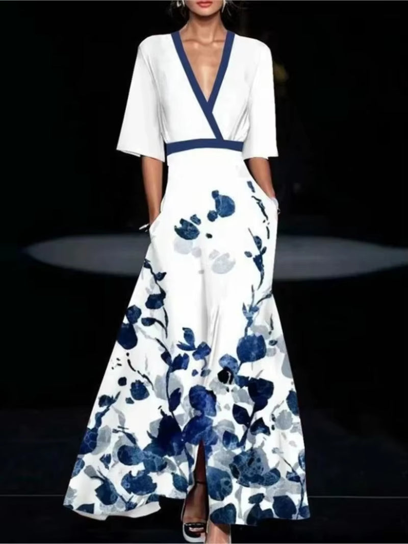 Deep V-Neck Belted Print Dress