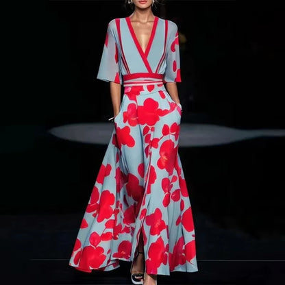 Deep V-Neck Belted Print Dress