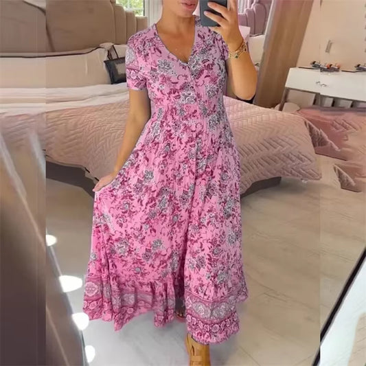 Elegant Women’s Flower Print Deep V-Neck Dress